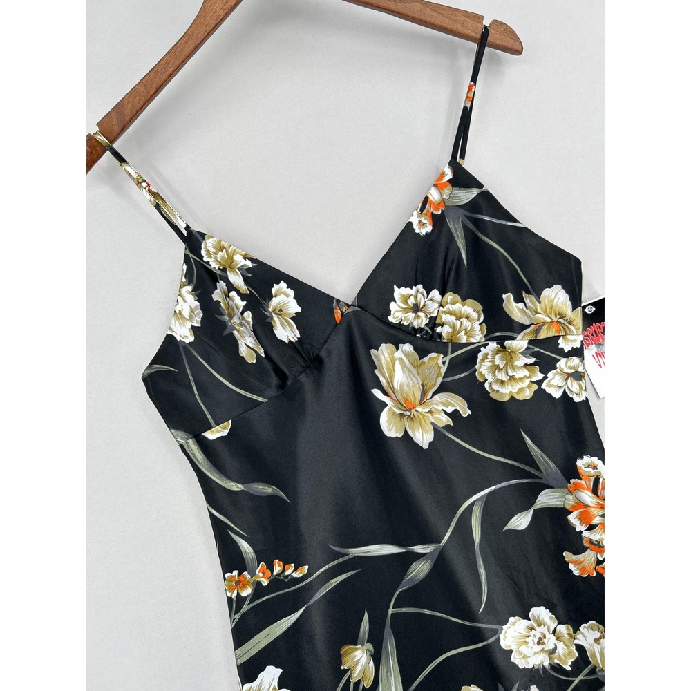 Black Floral Satin Slip Dress V-Neck Adjustable Straps Womens Medium - Picture 5 of 16
